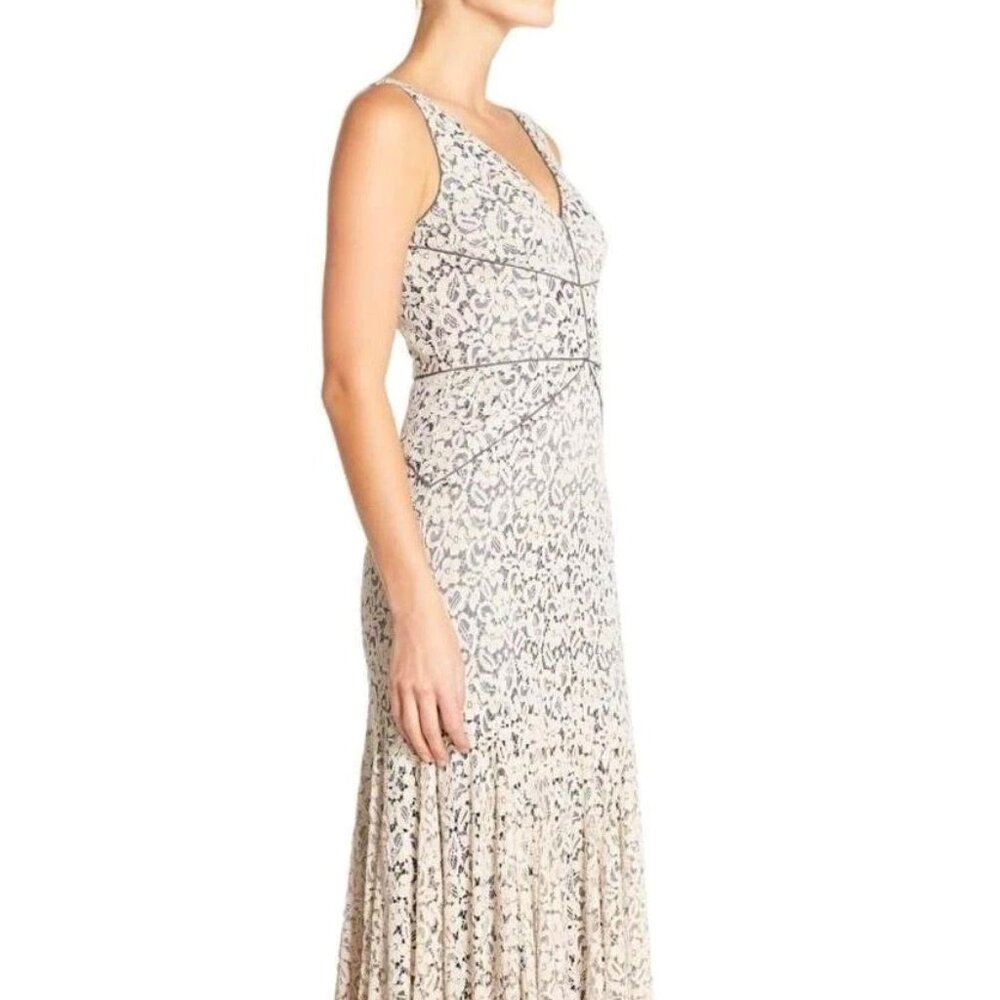 Vera Wang Lace Maxi Dress Beige Gray Piped V-Neck Formal Gown Womens 12 NWT